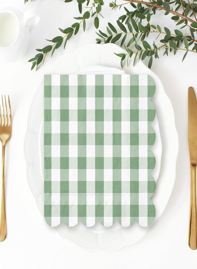 Whaline 100Pcs Sage Green Gingham Napkins Green Scalloped Cocktail Napkins Paper Plaid Beverage Napkin for Summer Picnic Barbecue Wedding One Lucky Duck Birthday Baby & Bridal Shower,5 x 5 Inches - Image 5